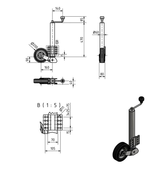 BÜNTE Stützrad, Ø 60 mm, automatisch klappbar