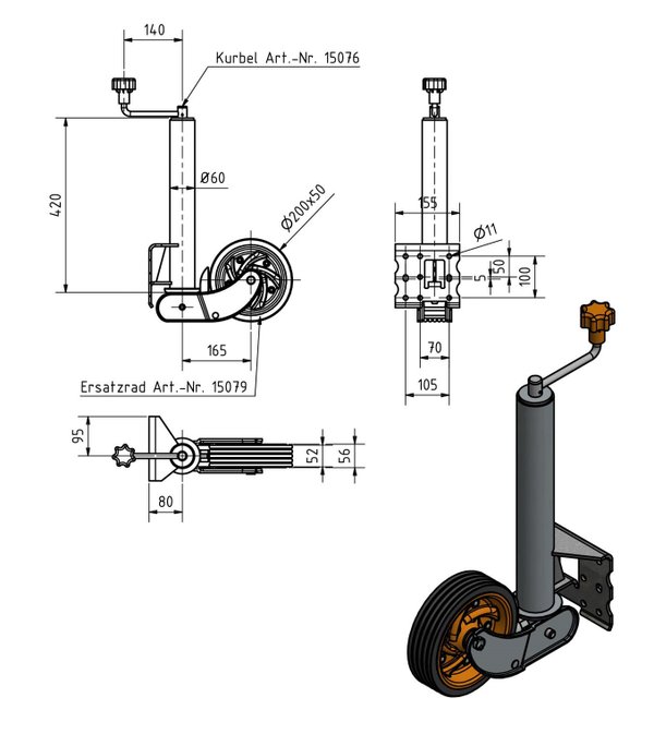 BÜNTE-KARTT Stützrad Ø 60 mm, automatisch klappbar